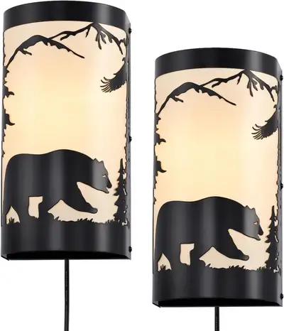 2-Pack Rustic Wall Sconces, Bear Metal w White Parchment Shade,, View more