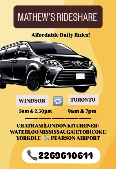 Daily Rideshare Toronto to Windsor 9am & 7pm, View more
