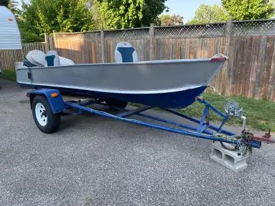 $2500 or best offer. 14’ aluminum boat with trailer Evinrude 9.5 hp Great condition. Lots of extras...