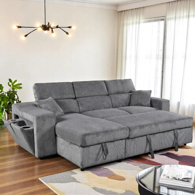 New Reversible Sectional Sofa Bed In Fabric Upholstery - Grey in Couches & Futons in Kitchener / Waterloo - Image 3