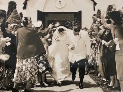$12 MCM 1950s wedding church photo 8x 10 inch vintage bride, View more
