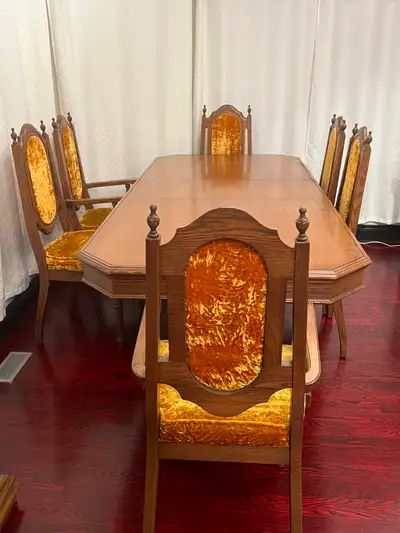 Solid Wood Dining Table Set w 6 Chairs + Wine cabinet，Vintage, View more