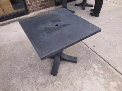 10 restaurant plastic patio tables and 25 patio chairs (from rona). Five years old but used sparingl...