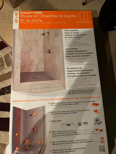 New in box KERDI shower kit 48" x 48" base. $375. This is a great deal since they sell for $700 at H...