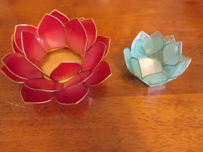 Set of 2 Lotus Shell Candle Holders, Red and Green, View more