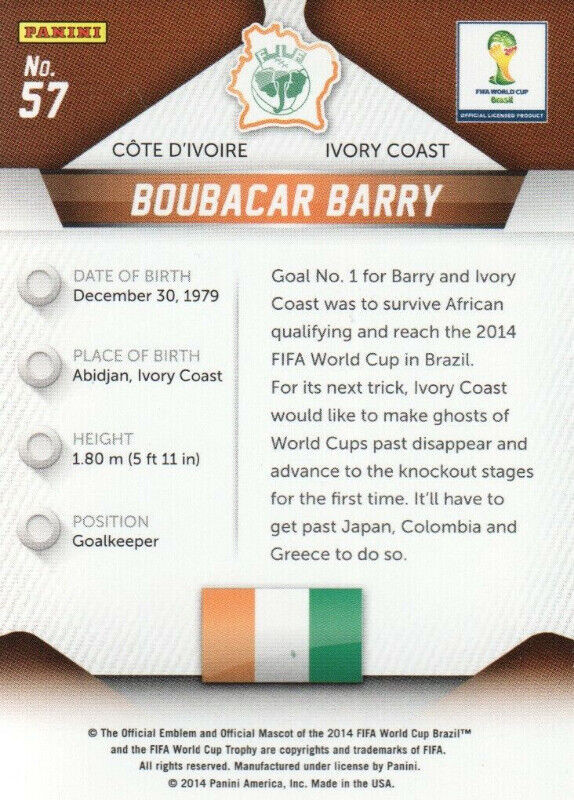 2014 Panini Prizm FIFA World Cup #57 Boubacar Barry Ivory Coast dans Art et objets de collection  à Longueuil/Rive Sud - Image 2