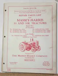 Massey Harris 55 & 55K Tractor Repair Parts List Catalog