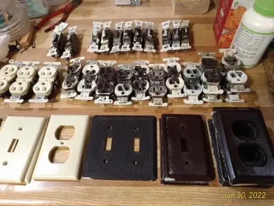 Old electrical outlets and switches, Brown and some beige colour, View more