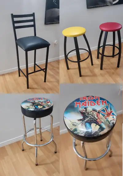 1- Bar chair and 3 stools for sale - Bar chair at $40.00 - 3 Stools at $25.00 - 1 Iron Maiden Stool...