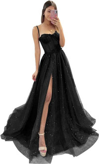 Black, Size 2 Glitter Prom Dress w/Spaghetti Straps and slit