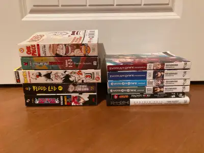 All are available and are $9 each. Stack on the left is all manga, stack on the right are all light...