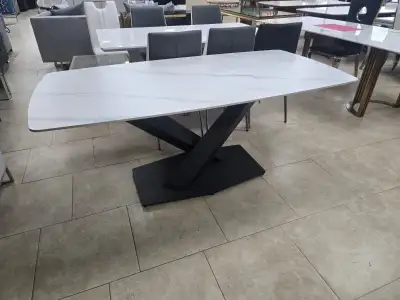 Brand New Modern White Marble Dining Table with Black X-Base, View more