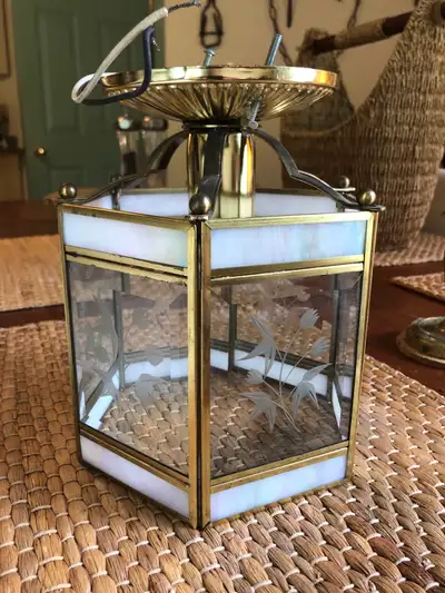 MCM Abalone, Brass, Etched Glass Floral Hexagon Shape Light, View more