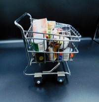 CHROME DOLL SHOPPING CART FILLED WITH 15 MINIS BOXED PLAY FOOD