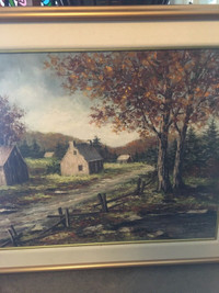 Country farm house and roadway oil painting