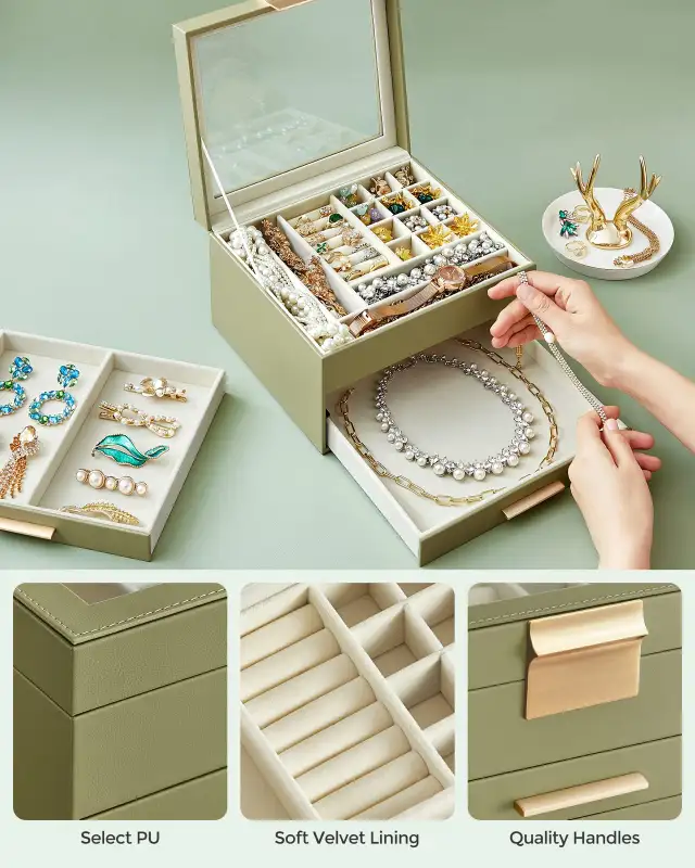 SONGMICS GISELLA Jewelry Box – Avocado Green & Gold in Jewellery & Watches in Oshawa / Durham Region - Image 5