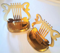 Pair Vintage Beautiful Brilliant Solid Brass Harp Lyre Bookends!