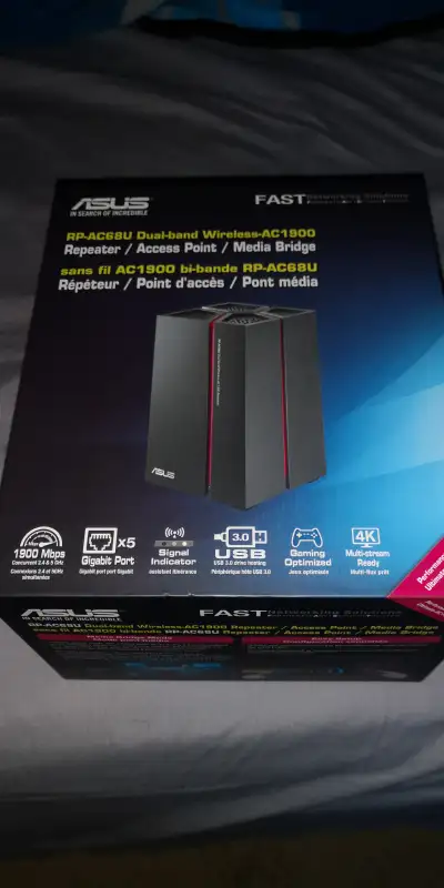 The ASUS RP-AC68U is a high-performance, dual-band AC1900 Wi-Fi repeater designed to eliminate signa...