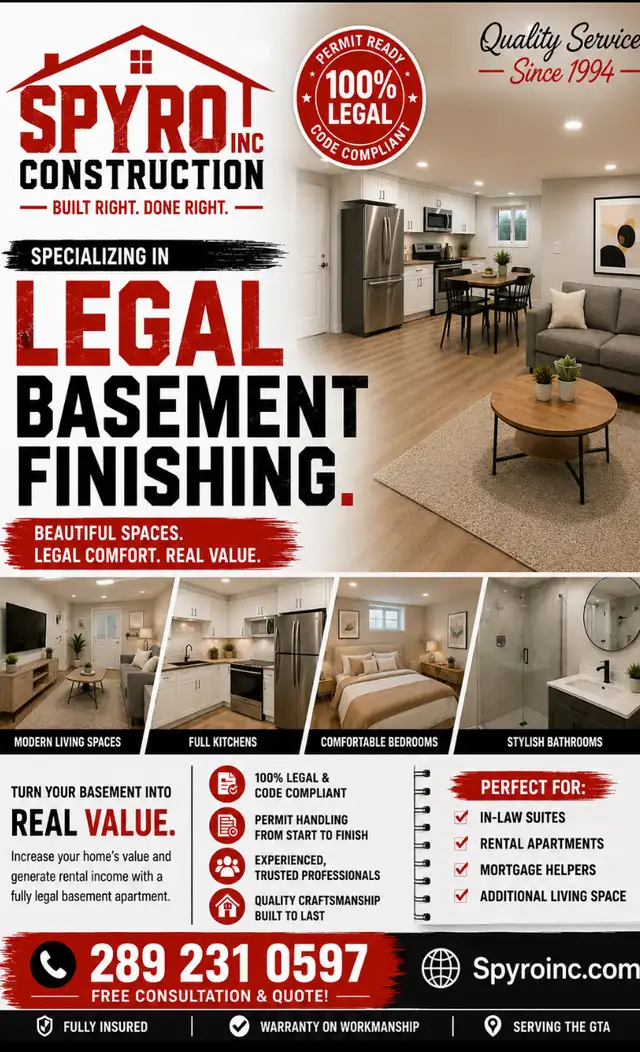 AFFORDABLE QUALITY LEGAL BASEMENT FINISHING !! SINCE 1994