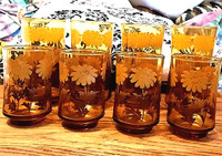 8 Vintage Libbey Amber glass daisy flower Tumblers from last 70'