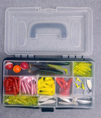 NEW - Fishing tackle box with lures, baits, jigs, float, spinner