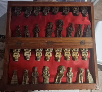 Vintage Maya Chess, board made of wood and stone, figurines made