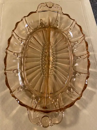 Antique pink depression, glass divided platter, View more