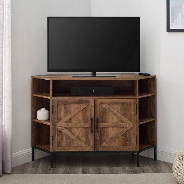 Rustic 2-Door Corner TV Stand with Wood Detail for TVs up to 55” in TV Tables & Entertainment Units in Mississauga / Peel Region