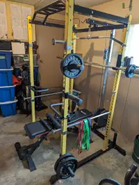 Squat rack with lat pull down, weights