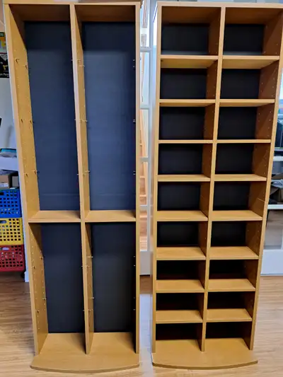 I have 2 towers for CD, DVD and Blu-ray storage. They are in near perfect condition. Shelves are adj...