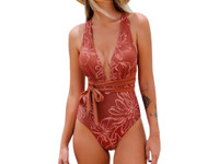 Women’s Deep V Neck Crisscross Back Self Tie Bathing Suit