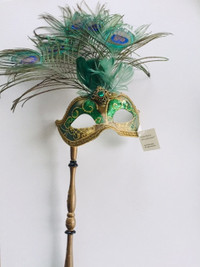 Gorgeous Green Venetian feather Masquerade Mask- Bamboo Handle