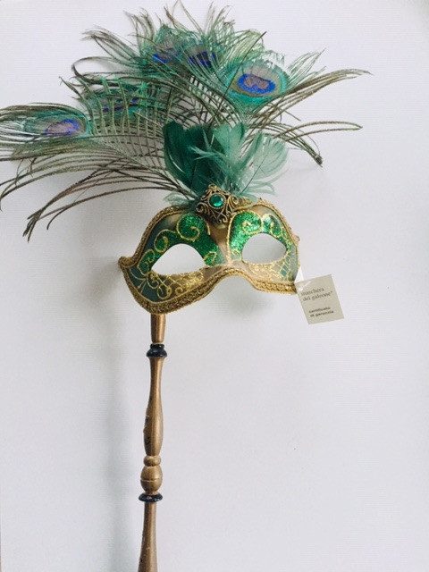 Gorgeous Green Venetian feather Masquerade Mask- Bamboo Handle in Costumes in Norfolk County