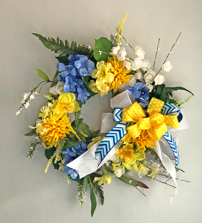Blue Hydrangea, Yellow Chrysanthemums, and White Roses Wreath, View more