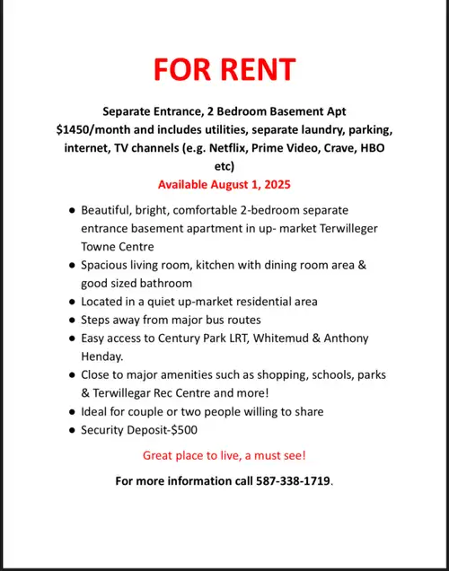 Basement apt available Aug 1. Contact info in 1st picture