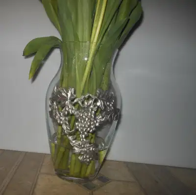 Glass Vase with metal design of bunch grapes, View more
