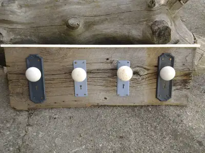 Antique Porcelain Door Knob Coat Rack. Handcrafted, 100 year old barnboard with white accent trim. F...