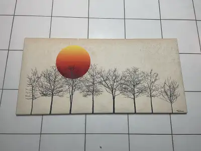 Vintage Tamarack Canvas Screen Print MCM Moon Sun Silhouette Art Pre-owned condition with some wear...