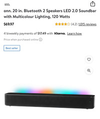 onn. 20 in. Bluetooth 2 Speakers LED 2.0 Soundbar with Multicolo