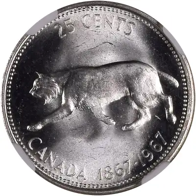 1967 (1867-) Canadian 25-Cent Bobcat Confederation Centennial Silver Quarter Coin