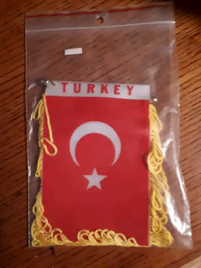 Double sided flag with string to hang on rear view mirror. Iron on patches $4