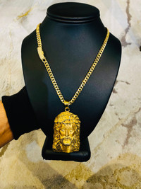 10K Solid Gold Jesus Pendant & Diamond Lock Miami Cuban Chain