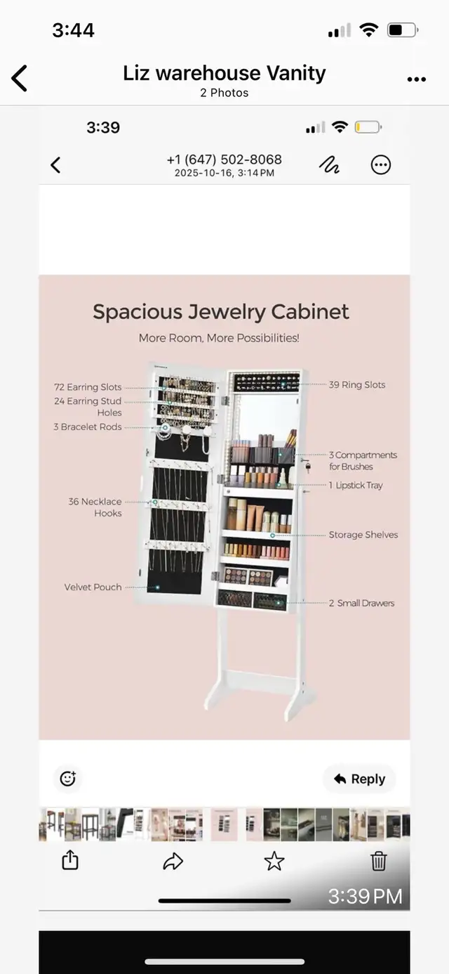 Mirror Jewelry Cabinet Standing Armoire Organizer, Jewelry Stora in Storage & Organization in Markham / York Region - Image 2