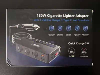 This is a new 180W cigarette lighter adapter, featuring three USB car charge ports, one Type-C port,...