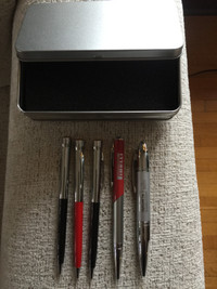 PENS Five 5 Quality TIRE BRAND PENS in Silver Tin Case