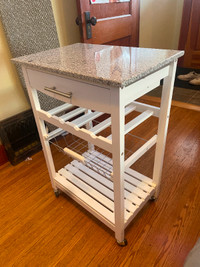 Granite Top Pine Wood Rolling Kitchen Island