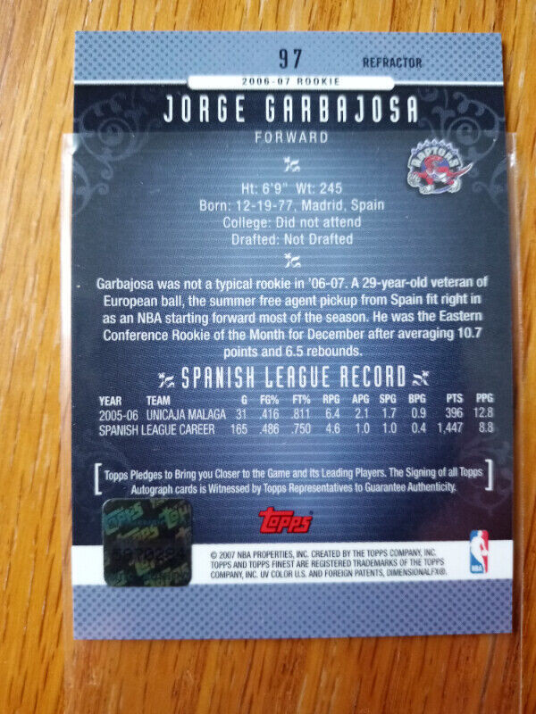 2006-07 FINEST RC REFRACTOR AUTO JORGE GARBAJOSA #57 in Arts & Collectibles in St. Catharines - Image 3