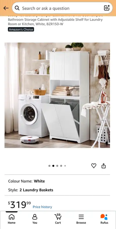 Tall Laundry Cabinet 2 Tilt-Out Hampers Adjustable Shelf, View more