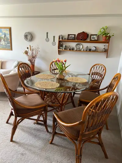 Very well taken care of dining set, used indoors only. Six chairs and glass table top. Table is 29.5...