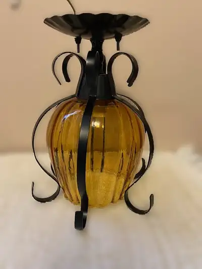 Retro glass ceiling light with metal frame blown glass ribbed, View more